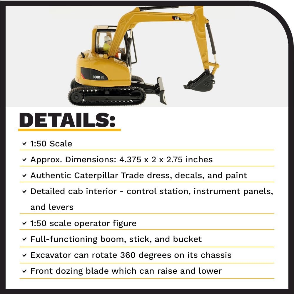 Diecast Masters Caterpillar 308C CR Mini Hydraulic Excavator, Core Classics Series Cat Trucks  Construction Equipment | 1:50 Scale Model Diecast Collectible Model 85129C
