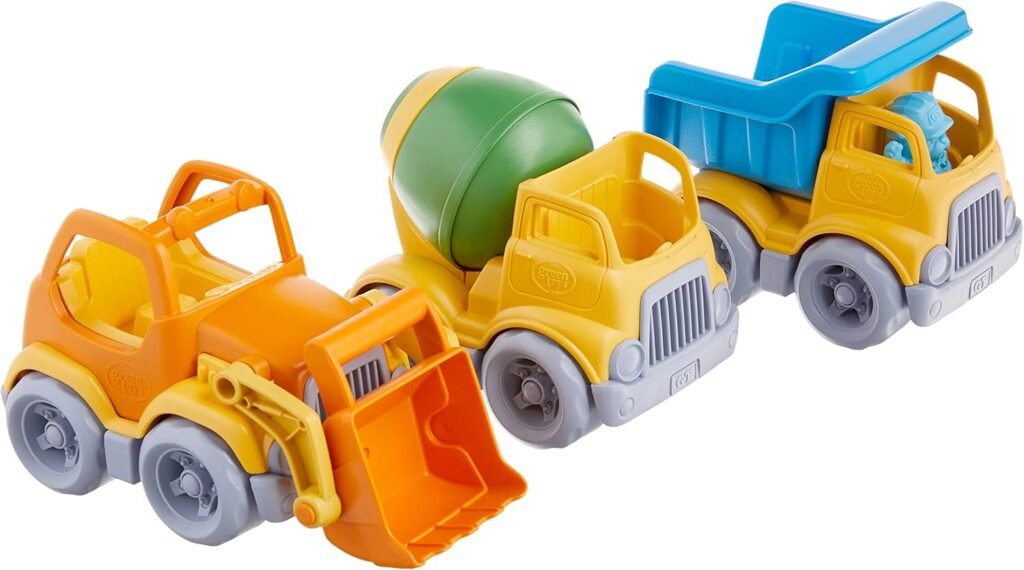Green Toys Construction Vehicle Includes Scooper, Dumper, Mixer, 1 Character- 3 Pack - 4C