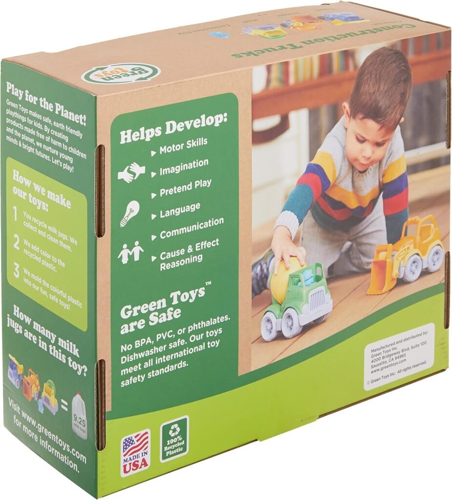 Green Toys Construction Vehicle Includes Scooper, Dumper, Mixer, 1 Character- 3 Pack - 4C