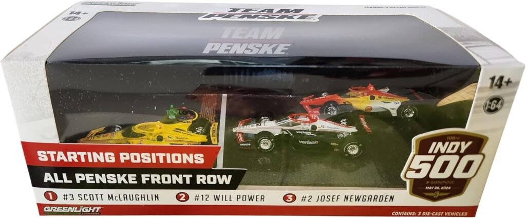 Greenlight 11611 2024 Indianapolis 500 All Penske Front Row 3-Car Set #3 Scott McLaughlin, 2 Josef Newgarden, 12 Will Power 1:64 Scale Indy 500 in Diorama Display Box