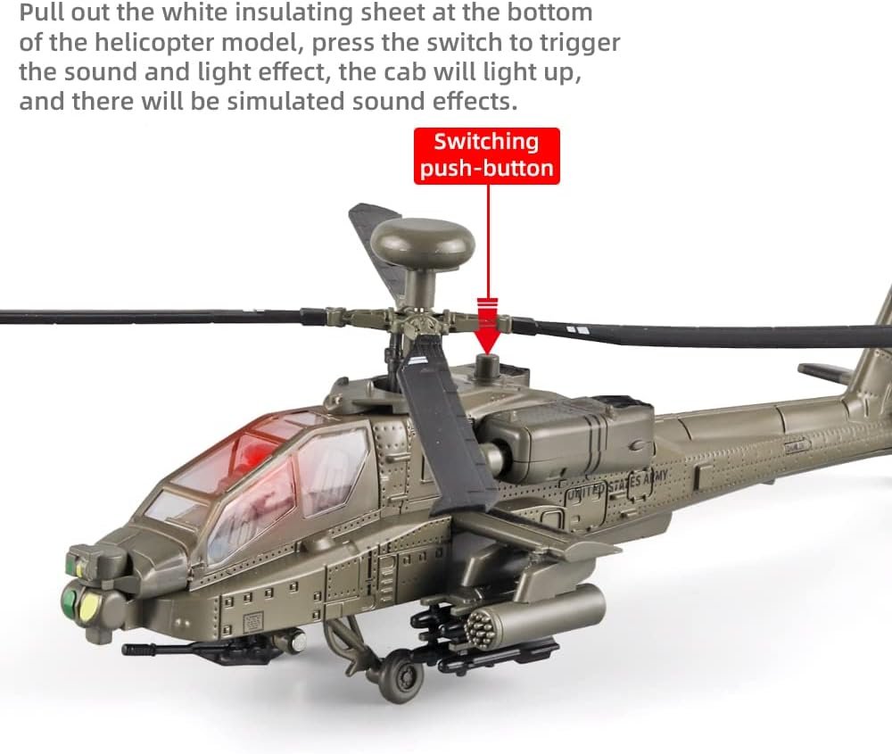 Helicopter for Boys AH-64 Longbow Apache Helicopter Model Airplane,Diecast Military Attack Helicopter，Model Airplane with Light and Sound，Suitable for Military Lovers to Collect and Gift.