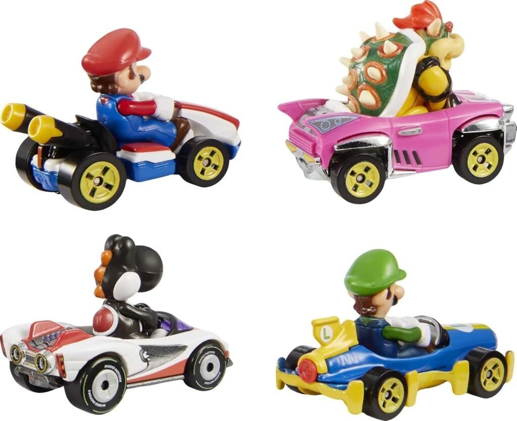 Hot Wheels Mario Kart Set of 4 Die-Cast Toy Cars with Attached Character Drivers, Includes Black Yoshi (Amazon Exclusive)