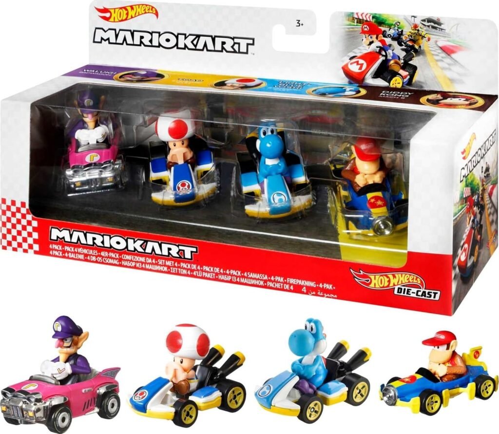 Hot Wheels Mario Kart Toy Vehicle 4-Pack, Collectible Set of 4 Fan-Favorite Characters Includes First-Appearance Diddy Kong in Mach 8