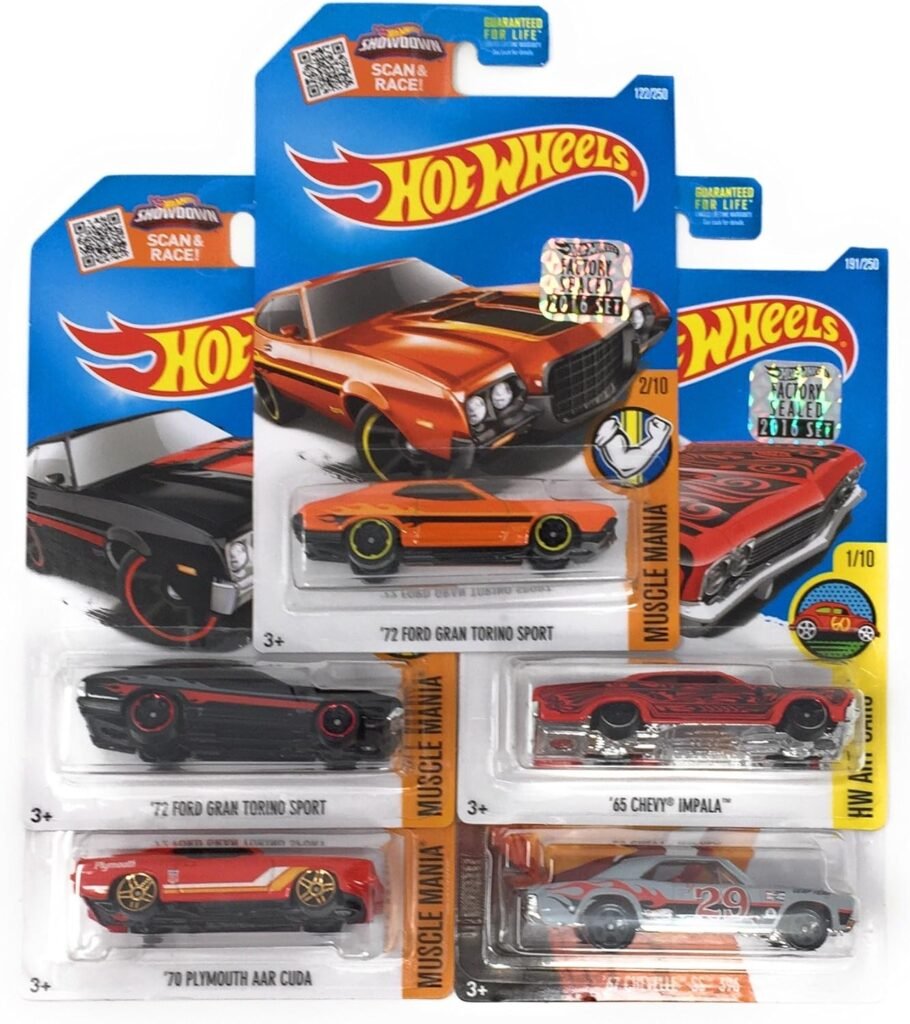 Hot Wheels Muscle Car Madness 5 Pack Random Diecast Bundle Set with Various Corvettes, Mustangs, Camaros, Chargers, GTOs, Firebirds, Shelby, and More