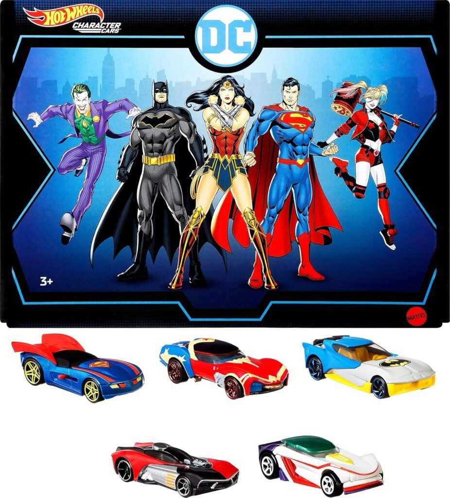 Hot Wheels Toy Cars 5-Pack, Set of 5 DC Character Cars in 1:64 Scale: Superman, Batman, Wonder Woman, The Joker GT  Harley Quinn