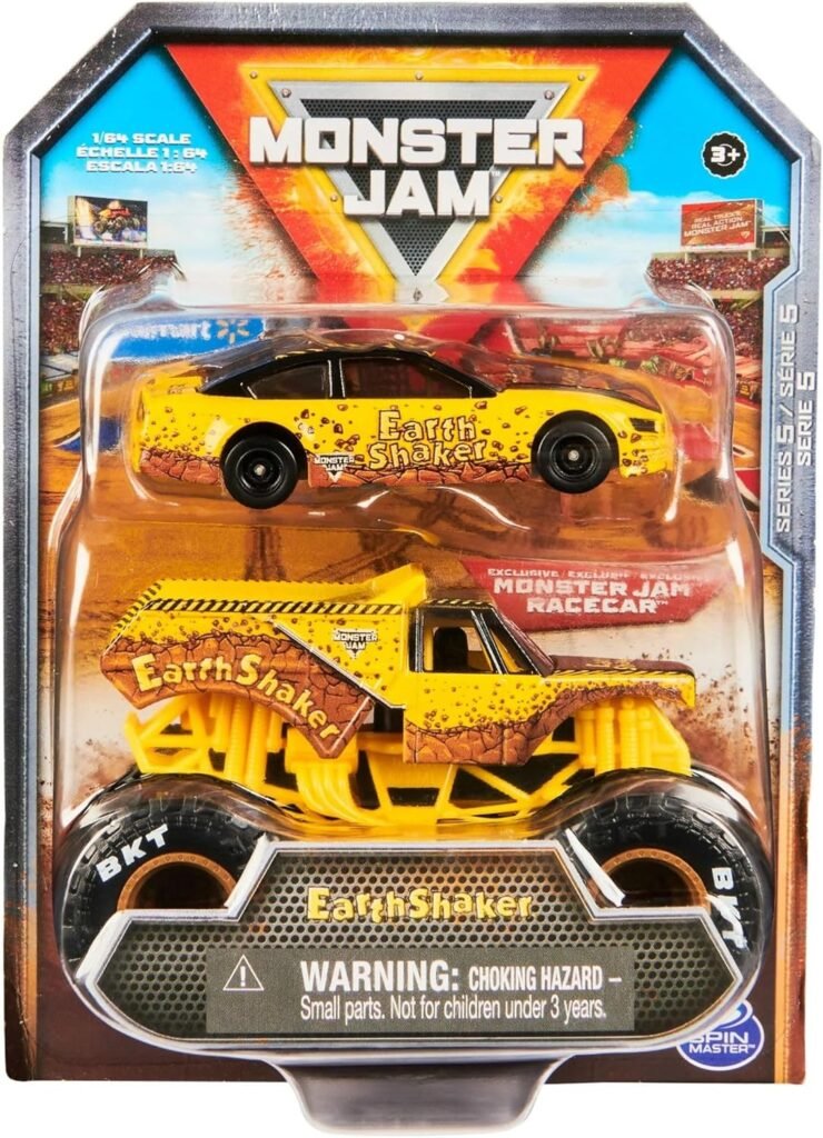 Monster Jam Official 1:64 Scale Diecast 2-Pack Series 5 Monster Truck and Race Car: Earth Shaker