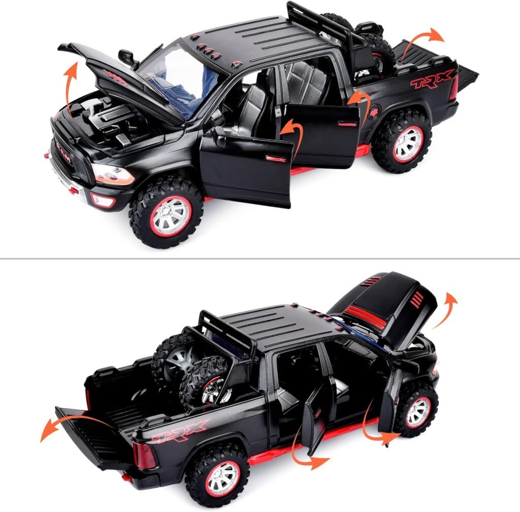 RAM 1500 Pickup Truck Toys for Boy Age 4-7 Diecast Metal Model Trucks Open Door Pull Back Toy Cars with Lights and Sound Gift for Kids 3-8 Years