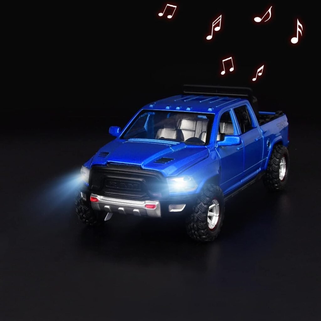 RAM 1500 Pickup Truck Toys for Boy Age 4-7 Diecast Metal Model Trucks Open Door Pull Back Toy Cars with Lights and Sound Gift for Kids 3-8 Years