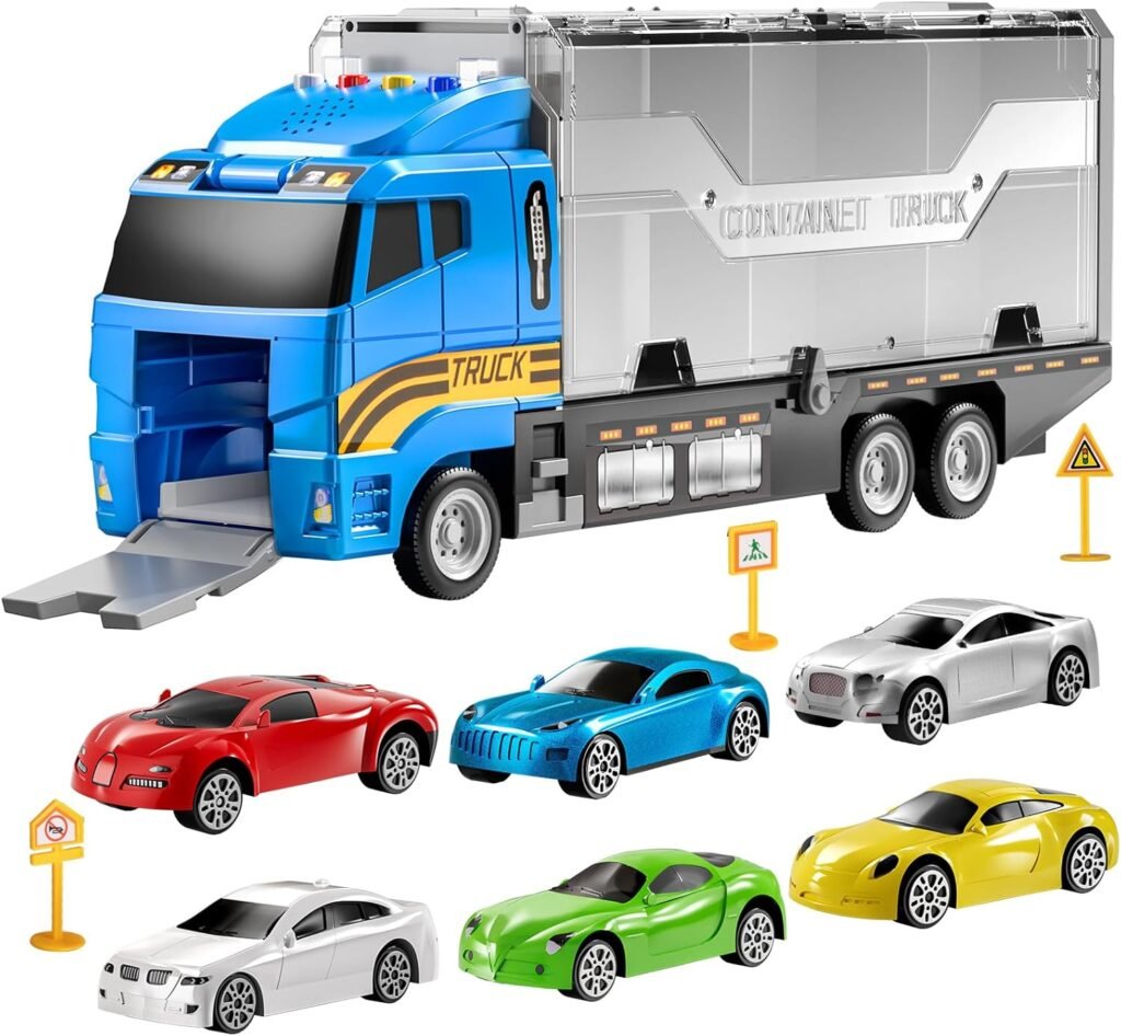 TEMI Transport Truck Toy Set with Play Mat, Carrier Truck Toys for Kids Toddlers, Die-Cast Metal Toy Car Set, Truck Car Kids Toys Christmas Birthday Gift for Age 3 4 5 6 + Years Old Boys Girls