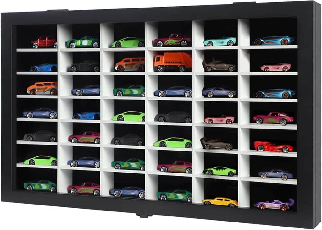 Toy Cars Display Case 1/64 Scale Diecast Car Display Case Wall Mount Model Car Display Storage Cabinet Lockable with Real Glass  Removable Shelf Rack -Black