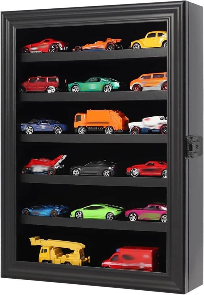 Toy Cars Display Case 1/64 Scale Diecast Car Display Case Wall Mount Model Car Display Storage Cabinet Lockable with Real Glass  Removable Shelf Rack -Black
