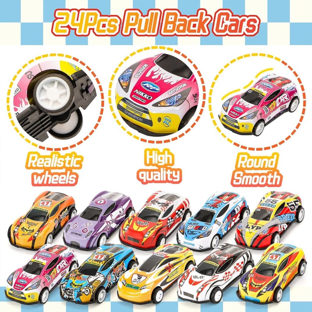 Toy Cars for Kids, 24Pcs Race Cars Pull Back Cars Playsets with Storage Bags,Party Favors Kids Prizes Fillers Bulk Gifts for Boys and Girls Car Game Treasure Chest