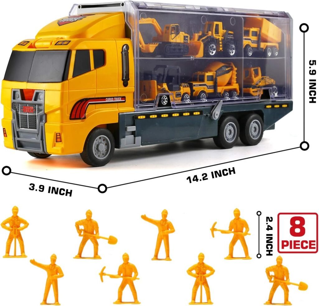 19 in 1 Construction Truck with Engineering Worker Toy Set, Mini Die-Cast Engine Car in Carrier Truck, Double Side Transport Vehicle Play for Child Kid Boy Girl Birthday Christmas Party Favors
