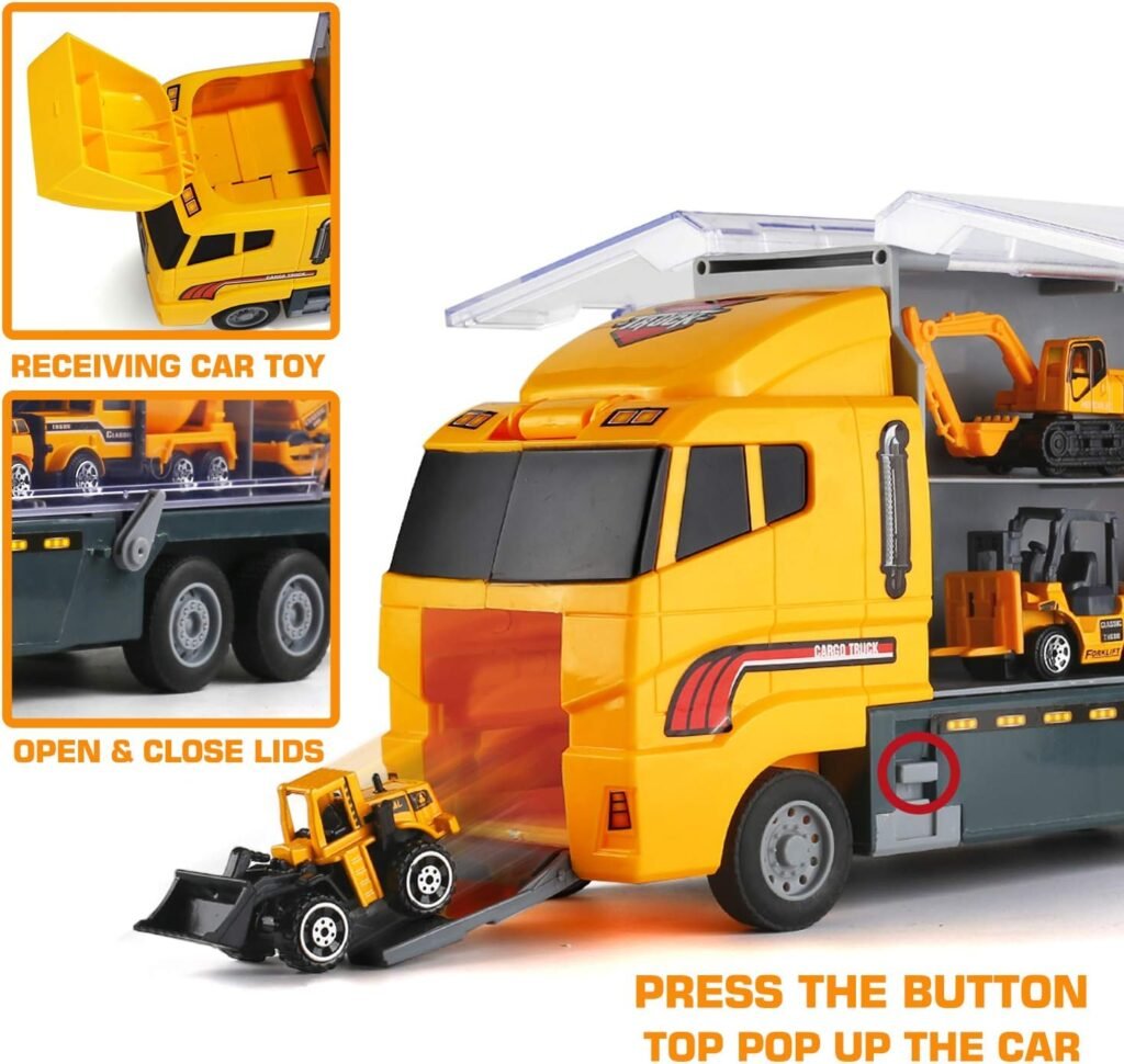 19 in 1 Construction Truck with Engineering Worker Toy Set, Mini Die-Cast Engine Car in Carrier Truck, Double Side Transport Vehicle Play for Child Kid Boy Girl Birthday Christmas Party Favors