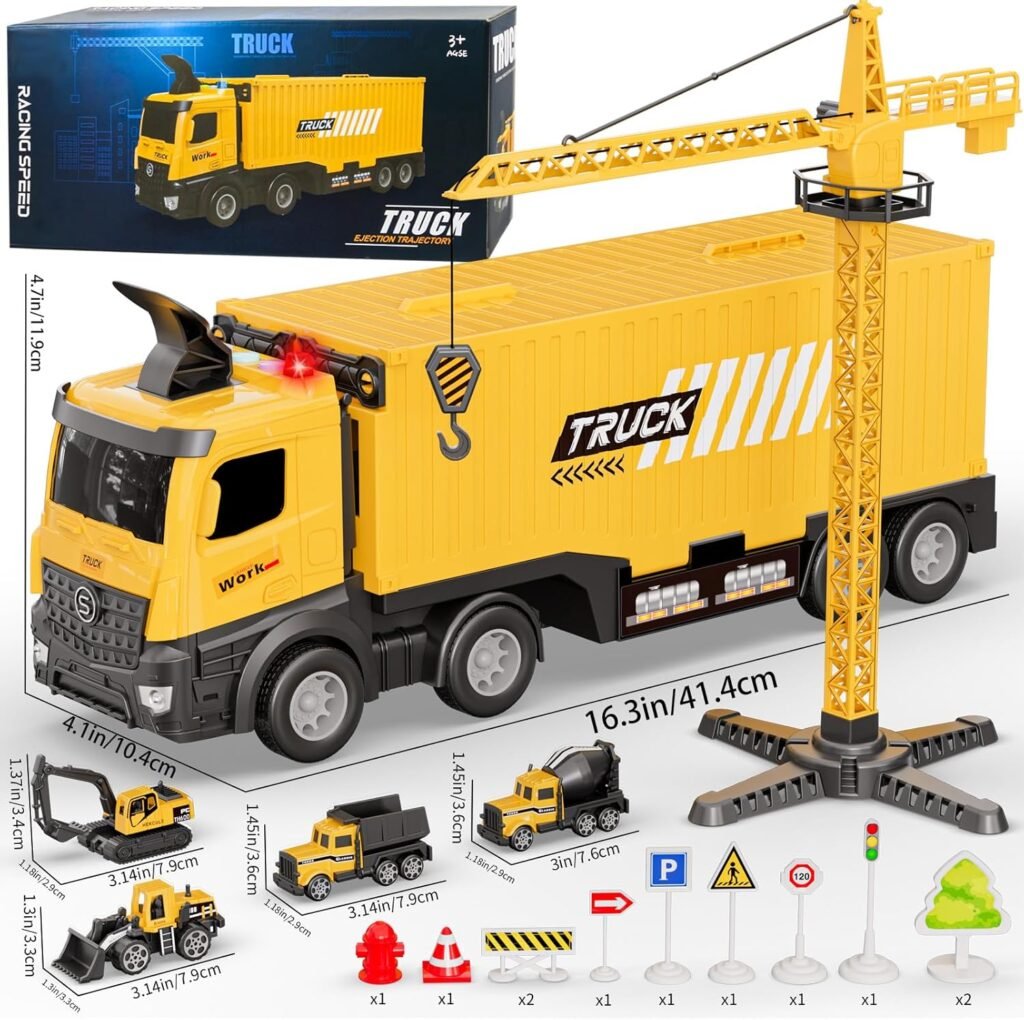 Construction Toys Truck Crane for Kids - Truck Race Track Kids Toy Eject Car Set Excavator Bulldozer Dump Trucks Cement Truck Vehicle Easter Christmas Birthday 2+ 3 4 5 6 7 8 Years Old Boy Girl Gift