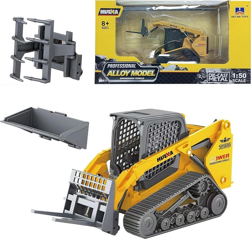 GeminiGenius Construction Truck 3 in 1 Tracked Forklift with Metal Loader Shovel and Grab Shovel Construction Vehicle 1/50 Scale Alloy Tracked Tractor Toys for Kids(Tracked/Brown)