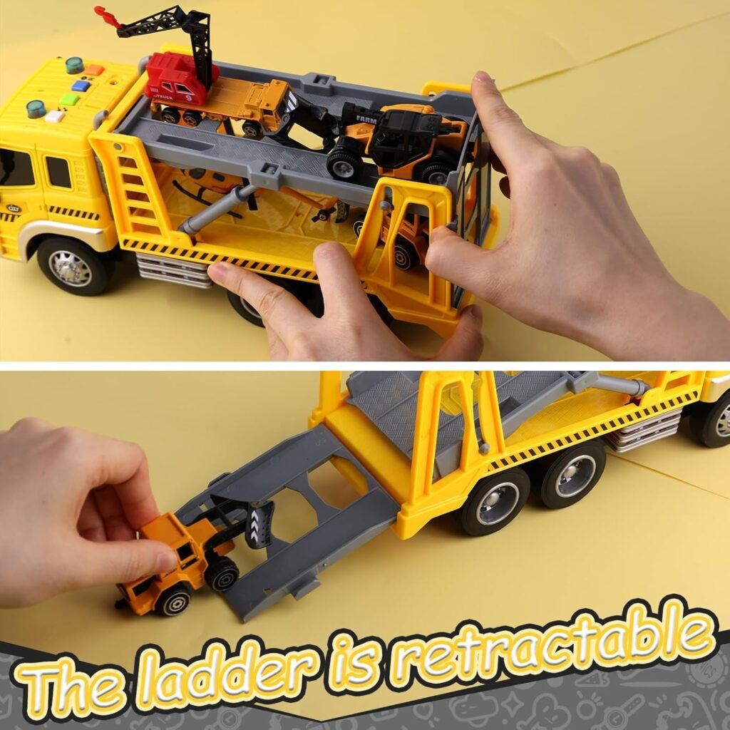 LovesTown Construction Truck Boy Toys for 3-5 Year Old Toddlers, with Lights and Sounds and Small Die-cast Engineering Trucks Helicopter Set, Kids Excavator Gifts Toys, for Boys and Girls