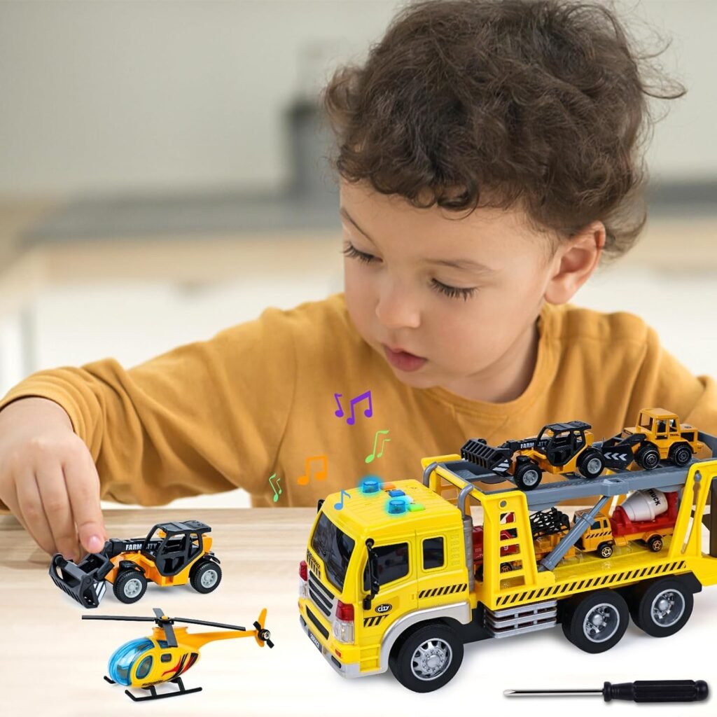 LovesTown Construction Truck Boy Toys for 3-5 Year Old Toddlers, with Lights and Sounds and Small Die-cast Engineering Trucks Helicopter Set, Kids Excavator Gifts Toys, for Boys and Girls