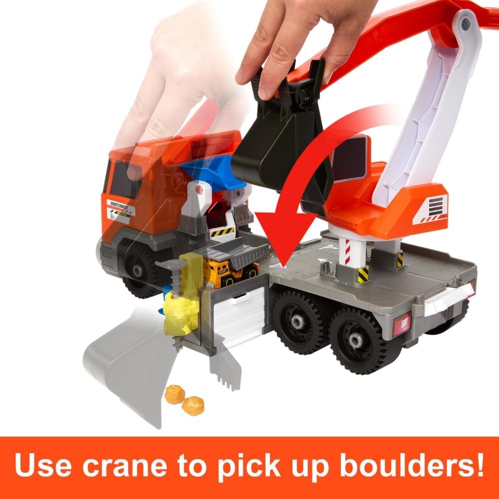 Matchbox Cars Playset, Action Drivers Transforming Excavator, Large Toy Truck, 1:64 Scale Construction Vehicle  4 Accessories