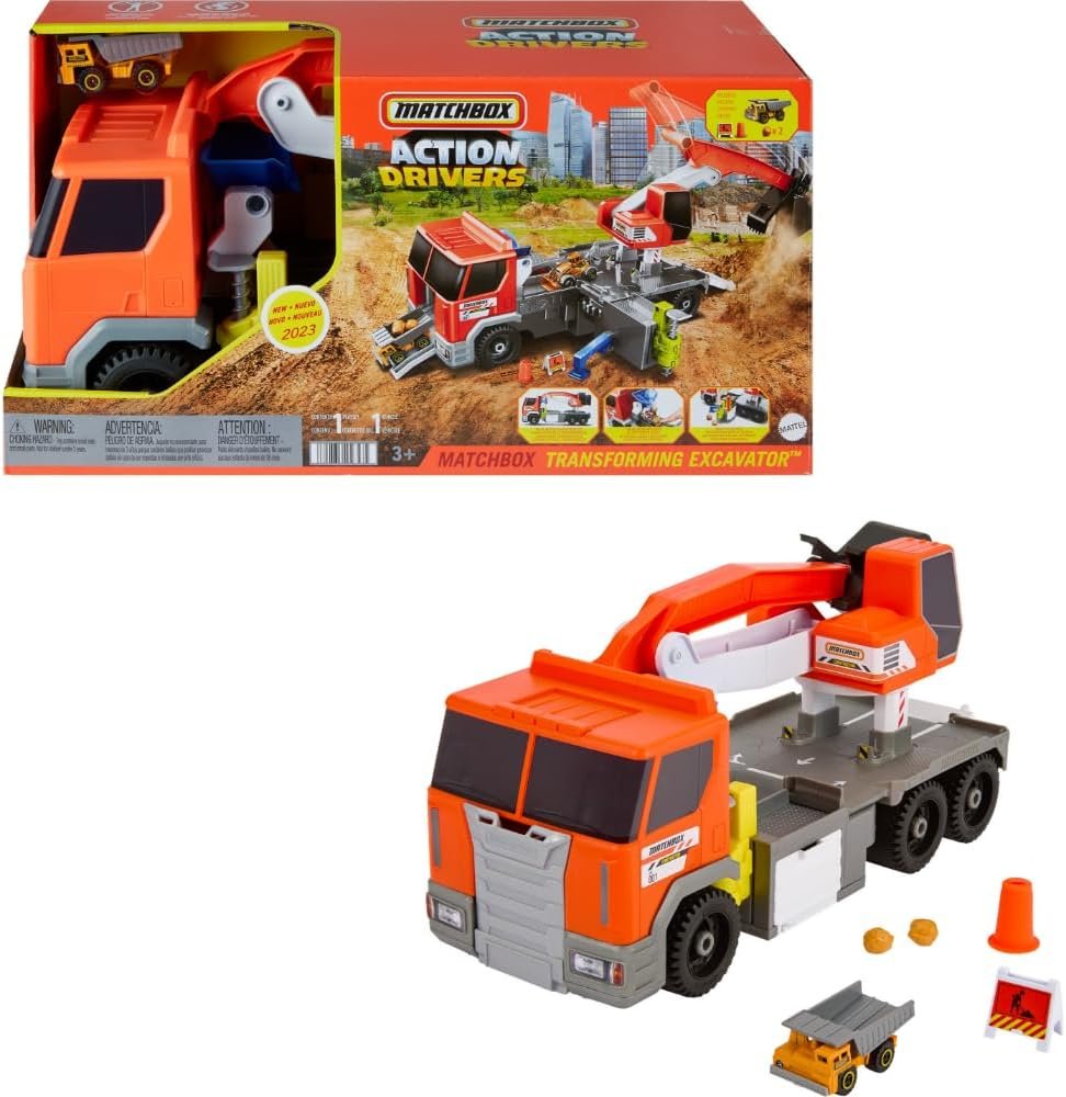 Matchbox Cars Playset, Action Drivers Transforming Excavator, Large Toy Truck, 1:64 Scale Construction Vehicle  4 Accessories