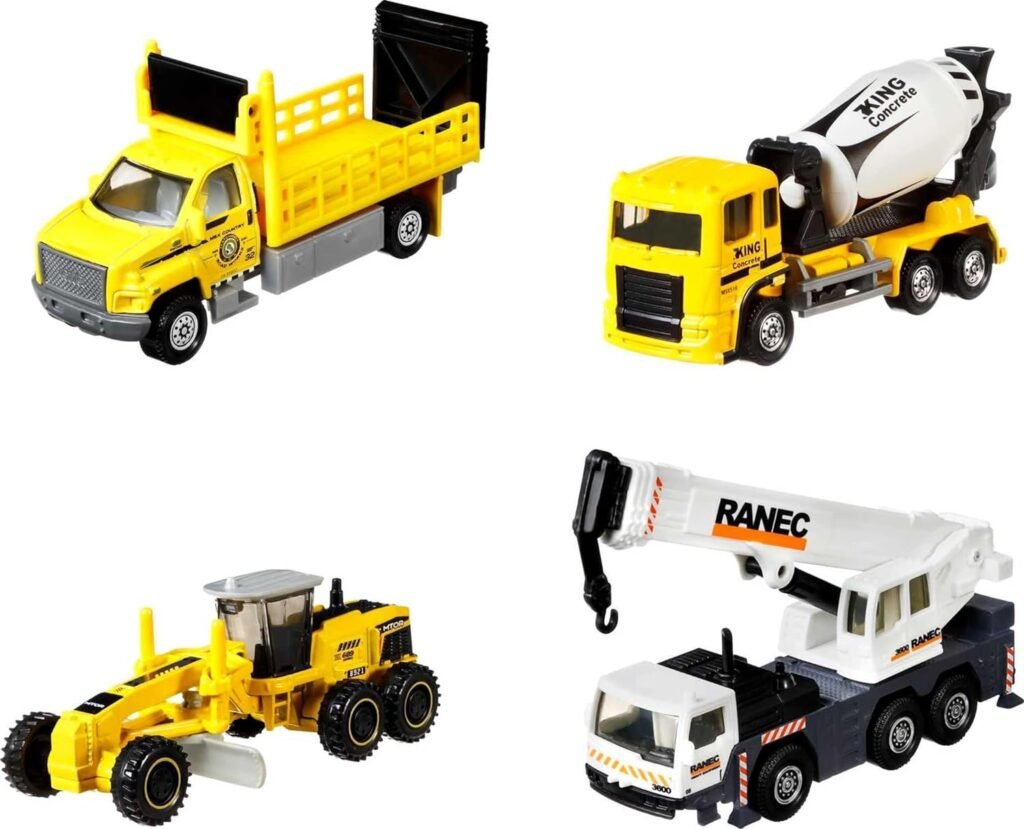Matchbox Working Rigs 4-Pack, Set of 4 Toy Construction Trucks  Equipment with Moving Parts (Styles May Vary)