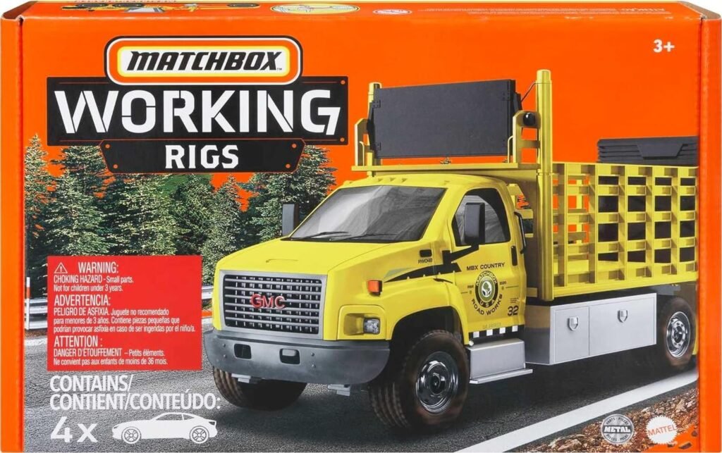 Matchbox Working Rigs 4-Pack, Set of 4 Toy Construction Trucks  Equipment with Moving Parts (Styles May Vary)