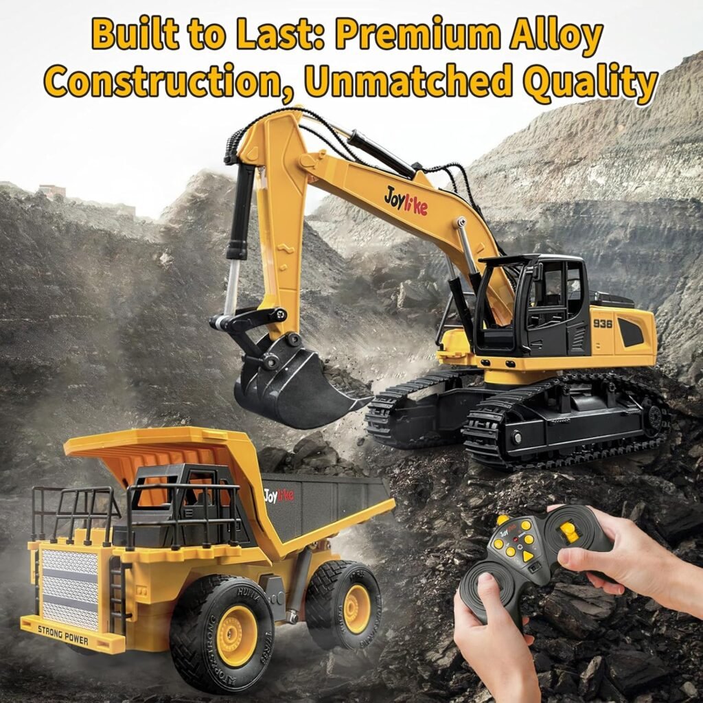 RC Excavator and Dump Truck Toy Set，2.4Ghz Metal Remote Control Construction Vehicle with LightSound, Best Christmas Toy for Boys 8+Year Old Kid